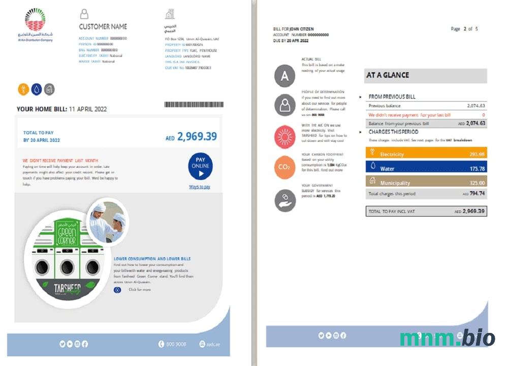 UAE Umm Al-Quwain Al Ain Distribution Co. Szablon rachunku za media Word i PDF (5 stron) 1 2